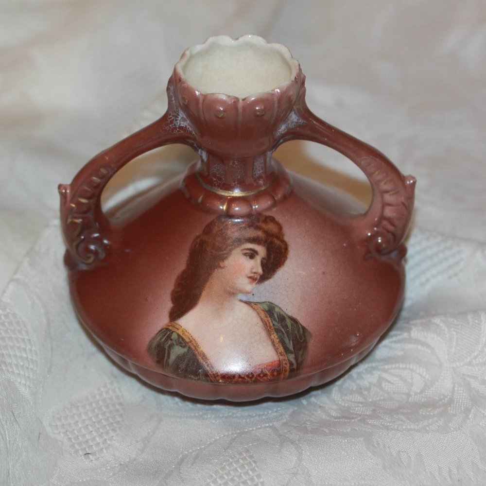 Austrian Porcelain Bud Squat Vase Portrait of Woman 2 Handle  No chips or cracks